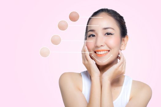 skincare and health concept - beautiful young woman face with bright over circles for advertising