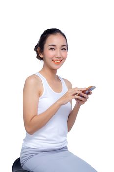 Beautiful Asian woman holding blank screen smartphone on white background