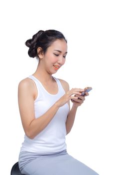 Beautiful Asian woman holding blank screen smartphone on white background