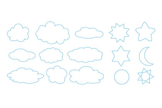 Set of different clouds, moon, sun and stars outline isolated on white background