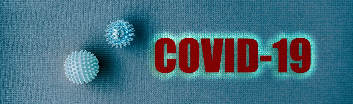 COVID-19 Coronavirus header background. Virus from Wuhan, China. panoramic banner of name text title with blue spheres concept.