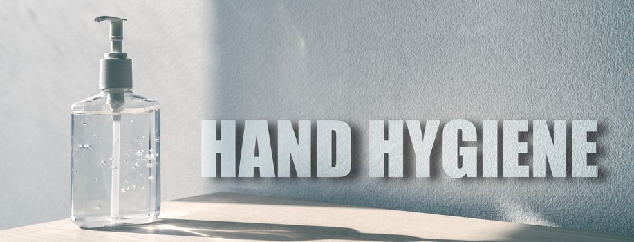 Hand hygiene banner sign for corona virus prevention - proper measures to keep clean hands with alcohol gel rub hand sanitiser on panoramic background.