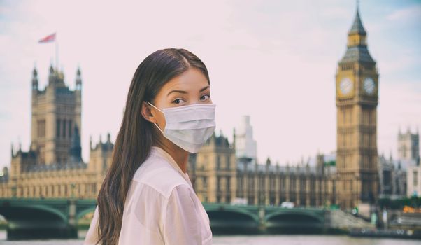 Corona virus travel corona virus spread prevention asian woman tourist wearing protective face mask on UK London city sightseeing holiday vacation. Famous british landmark background panoramic.