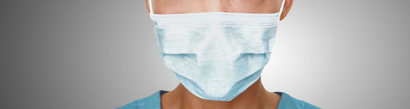 Coronavirus surgical mask doctor wearing face protective mask against corona virus banner panoramic medical professional preventive gear.