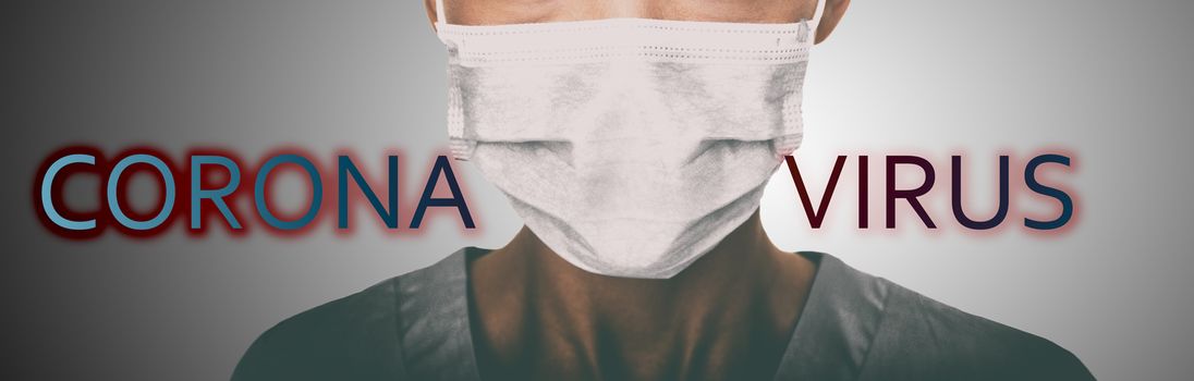 Corona virus coronavirus hospital mask header doctor wearing face masks prevention banner panoramic background.