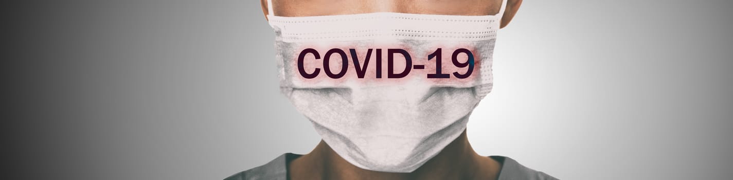 Coronavirus prevention panoramic banner doctor wearing surgical face mask against coronavirus. Panorama of medical staff people.
