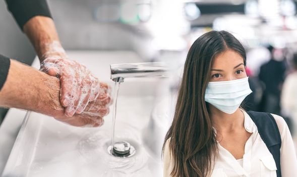 Corona virus protection methods to prevent spreading coronavirus in airport travel and public transport spaces. Asian woman wearing face mask versus man washing hands with soap hand hygiene.