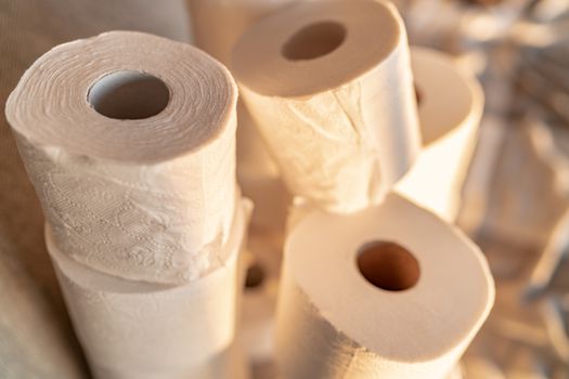 Many toilet paper rolls at home of hoarder hoarding amidst panic buying for corona virus outbreak shortage.