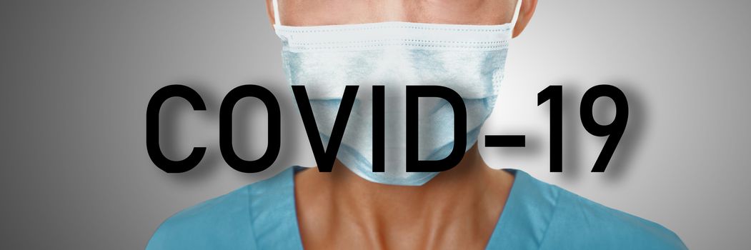 COVID-10 text header for Corona virus coronavirus hospital mask header doctor wearing face masks prevention banner panoramic background.