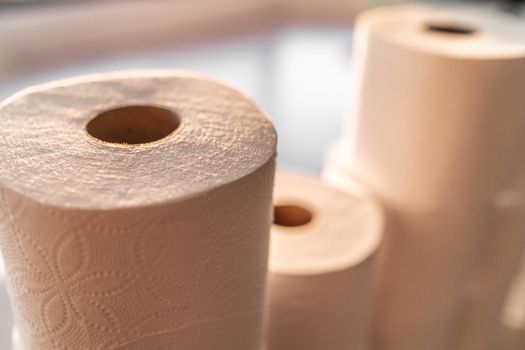 Toilet paper rolls bathroom tissue hoarding on store shelf.