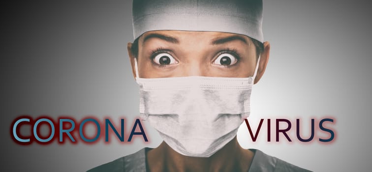 Coronavirus scared Asian woman doctor having corona virus outbreak funny facial expression shocked wearing face mask for hospital pandemic. Corona virus text written on background.