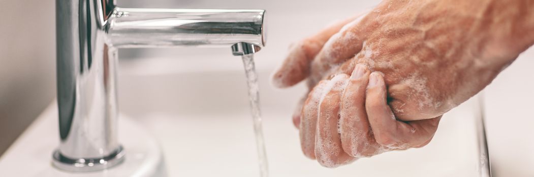 Coronavirus prevention washing hands with soap and hot water. Hand hygiene for coronavirus outbreak. Protection by washing hands frequently panoramic banner header.