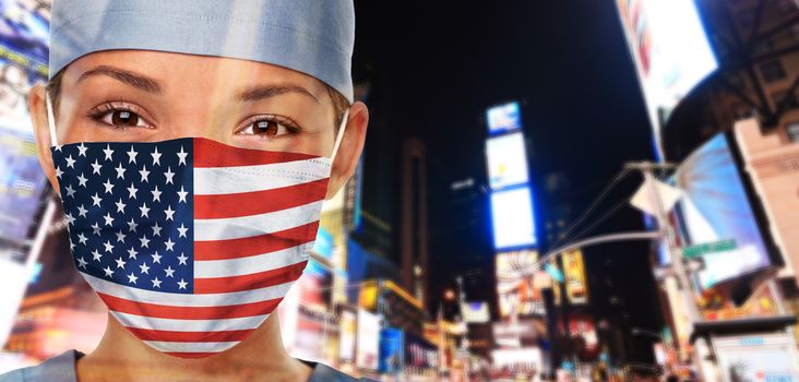 USA Coronavirus outbreak COVID-19 American Asian woman wearing mask in the United States of America flag print on doctor's mask smiling in confidence giving hope . New York City.