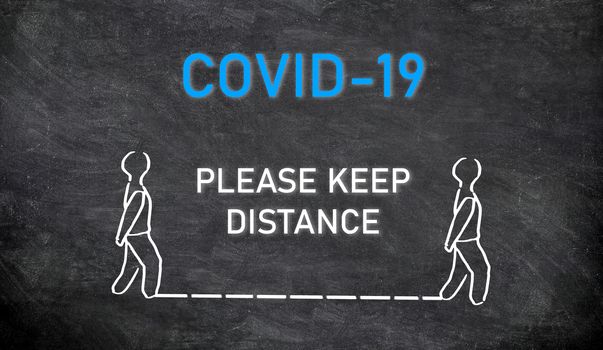 COVID-19 SOCIAL DISTANCING public announcement message board Please Keep distance of two meters or 6 feet between each person walking on street, or waiting in line at store or hospital.