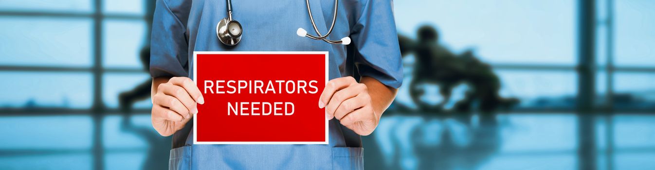 COVID-19 respirators masks needed in hospital for medical workers urgency. doctor or nurse showing sign asking for help holding red billboard white text. Panoramic corona virus sign banner with title.