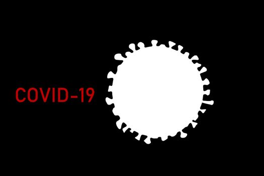 Covid-19 model illustration of white corona virus on black background with red title. drawing.