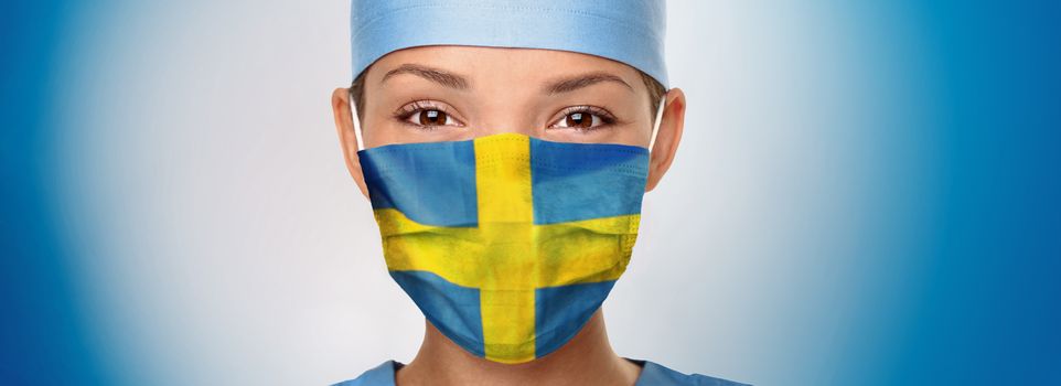 Sweden flag print on swedish Asian nurse or doctor woman happy face portrait on blue background panoramic banner. COVID-19 Coronavirus concept.