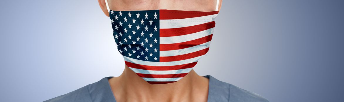 USA american flag print on face mask protective PPE doctor panoramic banner.