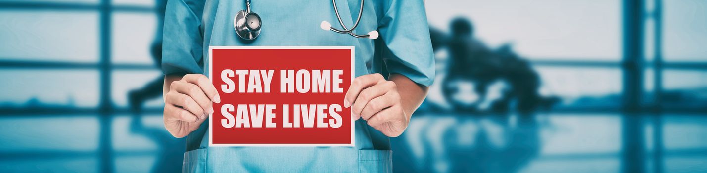 COVID-19 Social distancing quote medical nurse promoting staying at home to help workers. Coronavirus doctor holding sign in hospital background. Panoramic corona virus sign banner with text title.
