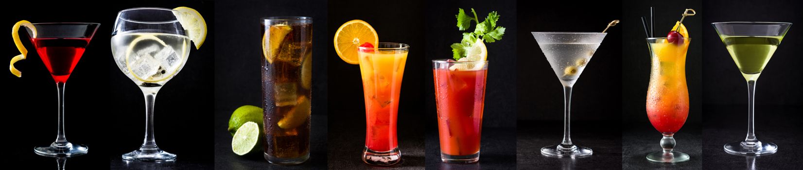 Collage of different cocktails on black background