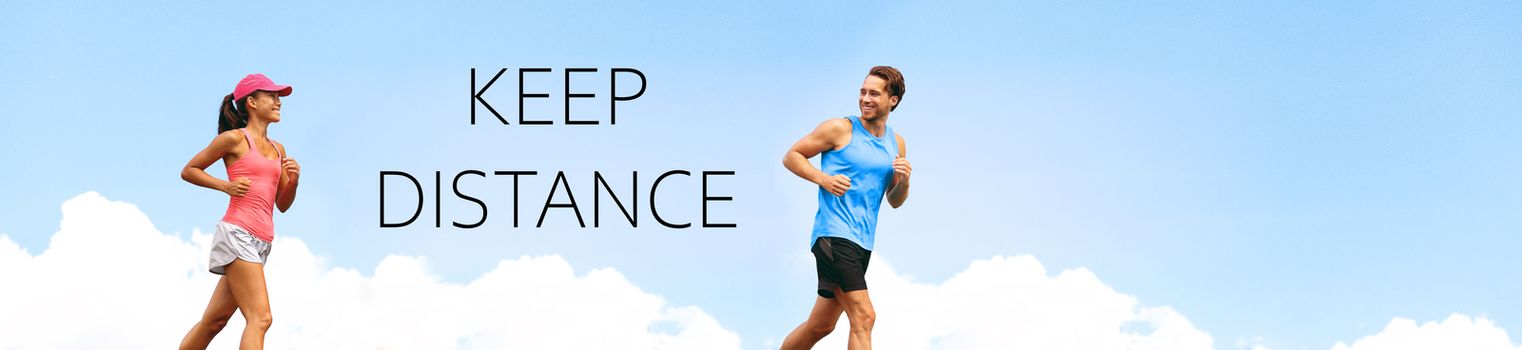 KEEP DISTANCE social distancing COVID-19 people walking running exercising outdoor in city. Healthy active runners man woman jogging header summer lifestyle banner.