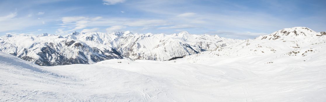 Panoramic view down a snowy mountain range valley in winter