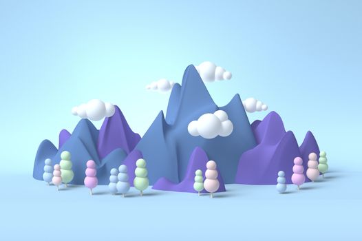 Childhood fantasy world dream landscape 3d with soft forms and pastel colors