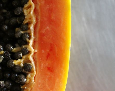Close up of papaya seeds and mesocarp. Papaya fruit.