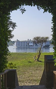 Large luxury traditional Egyptian river cruise boat sailing on the Nile framed by bush