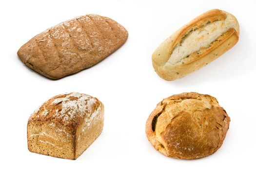 Set of different breads isolated on white background