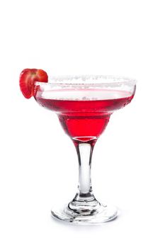 Strawberry cocktail drink in glass on blue wooden table