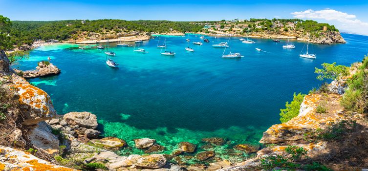 Bay with luxury boats at Portals Vells beach, Mallorca island, Spain Mediterranean Sea