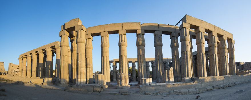 Columns with hieroglyphic carvings in ancient egyptian Luxor Temple at sunset