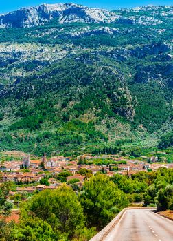 Panoramic landscape view of street to the mediterranean village of Soller on Mallorca