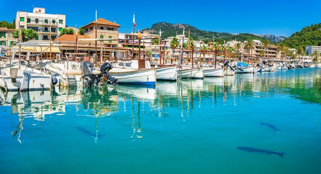 Summer holiday at beautiful coast of Port de Soller with fishing boats at pier