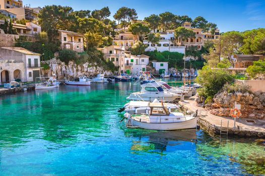 View of idyllic old fishing village harbor of Cala Figuera, Santanyi Mallorca