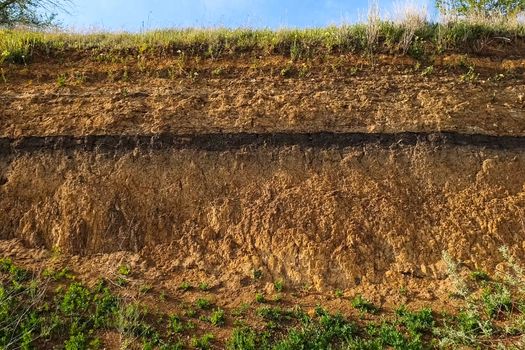 Soil slice in a quarry. Visible soil layers. Traces of sedimentation. The slopes are a quarry with a rock containing gold. Searching for gold.