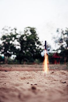 sparkling of firecrackers rocket launching from the ground