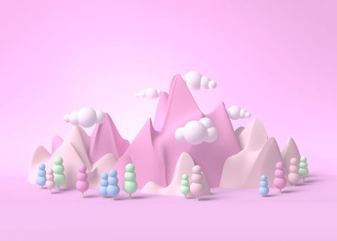 Childhood fantasy world dream landscape 3d with ice cream mountains and marsmallow trees and clouds