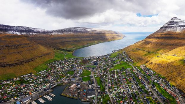 Aerial panorama of the city of Klaksvik on Bordoy island in the Faroe Islands, Denmark