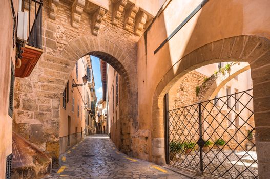 Idyllic narrow street at the old historic city center of Palma de Mallorca