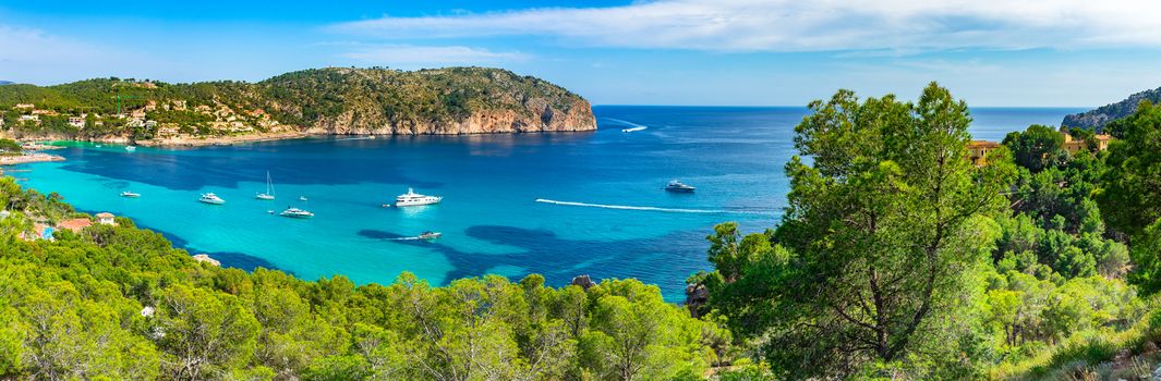 Panorama view of Camp de Mar, beautiful bay coast on Majorca island, Mediterranean Sea Spain