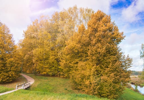 Picturesque rural autumn landscape with trees, road, wooden bridge.