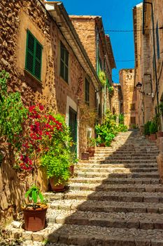 Picturesque street at old village of Fornalutx on Mallorca island, Spain