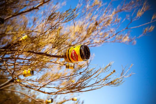 The famous Vegemite jar tree built by tourists near Erldunda on the Lasseter Hwy directing towards Uluru and Kings Canyon in the Northern Territory, Australia