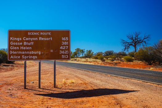 Scenic Route road sign directing towards Uluru and Kings Canyon in the Northern Territory, Australia