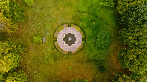 Top view of the lawn in the middle of the forest. Aerial view.