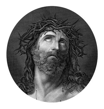 An engraved illustration drawing portrait of  the Crucifixion of Jesus Christ wearing the crown of thorns, from a Bible dated 1852 that is no longer in copyright