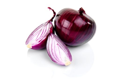 Red onion and half slice on white background with reflect.