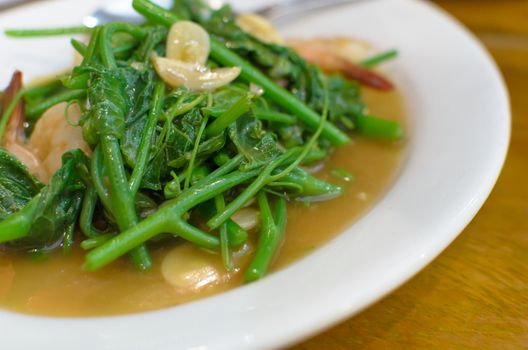 Stir-Fried Chinese Water Cress with Shrimp and Garlic.